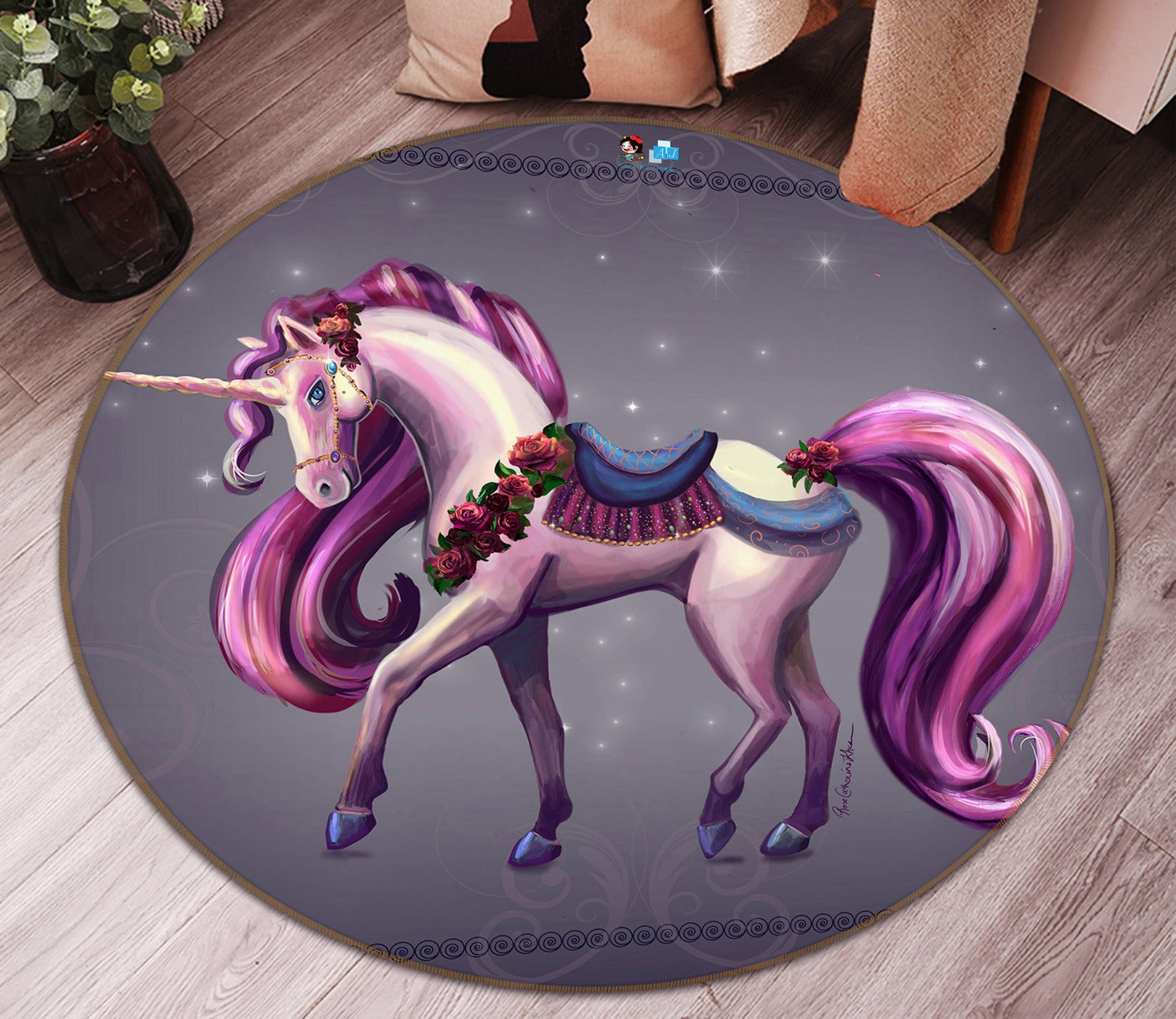 3D Unicorn Purple 83167 Rose Catherine Khan Rug Round Non Slip Rug Mat