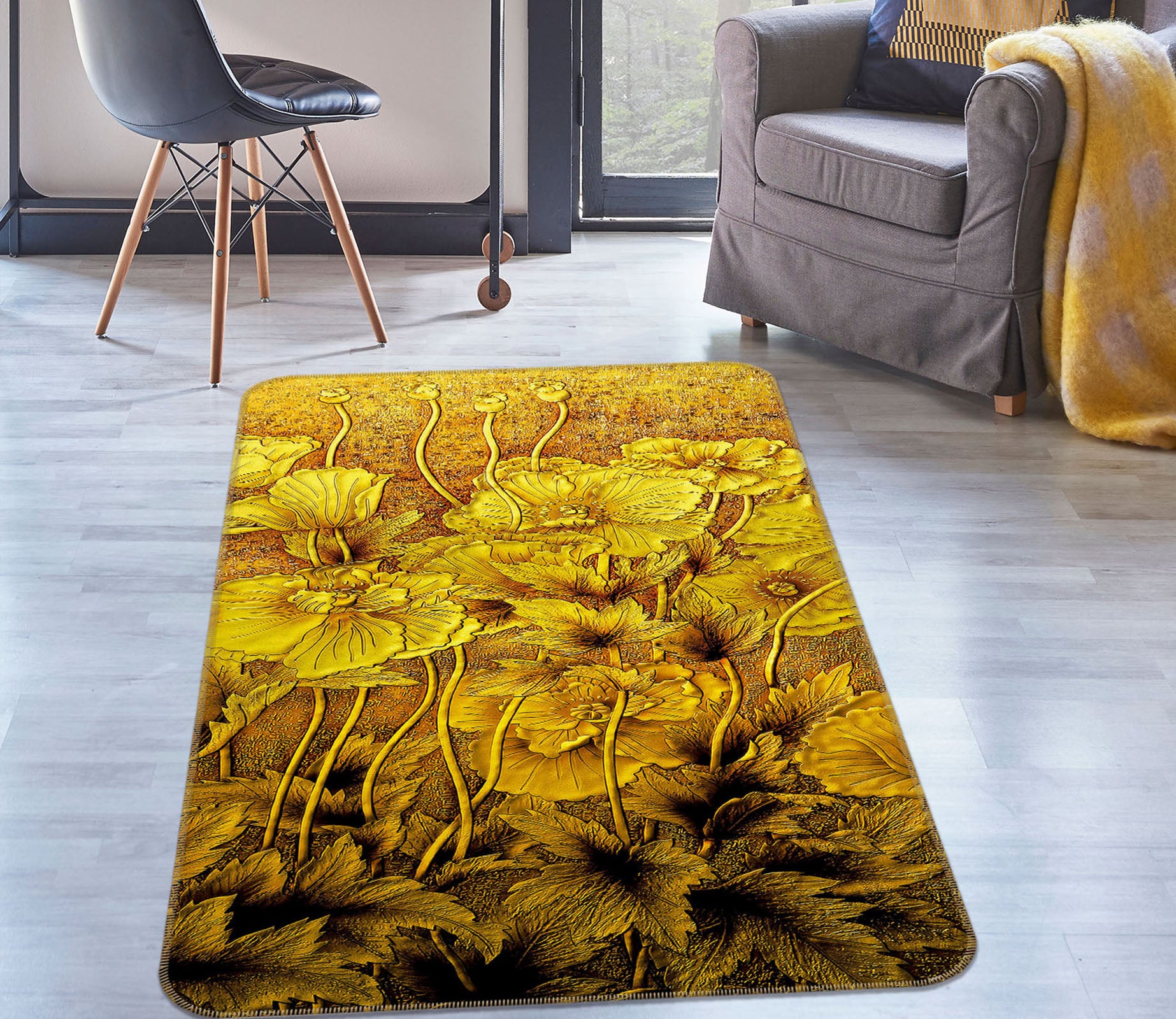 3D Golden Flower Bush 32220 Non Slip Rug Mat