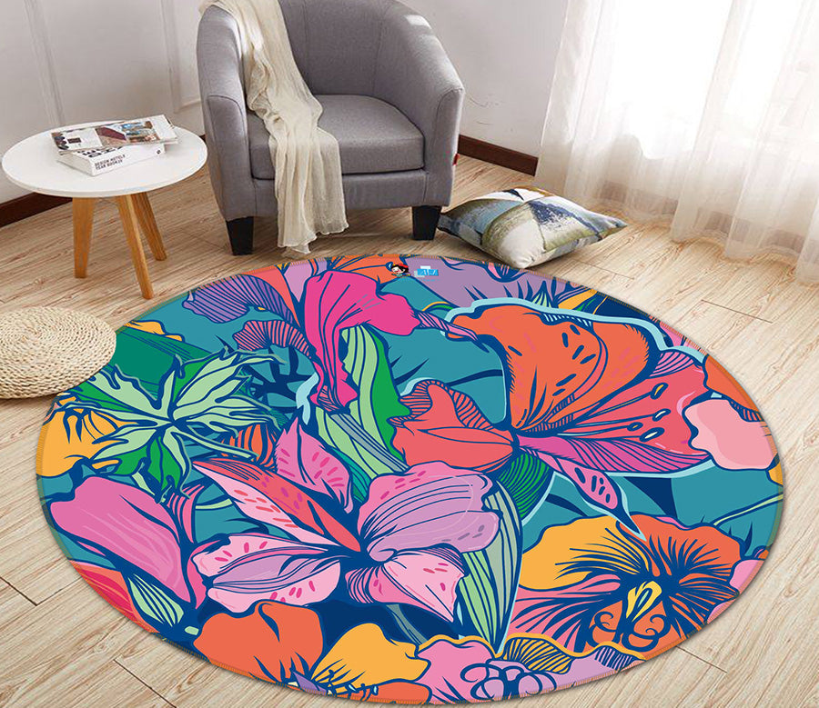 3D Colored Flowers 64119 Round Non Slip Rug Mat