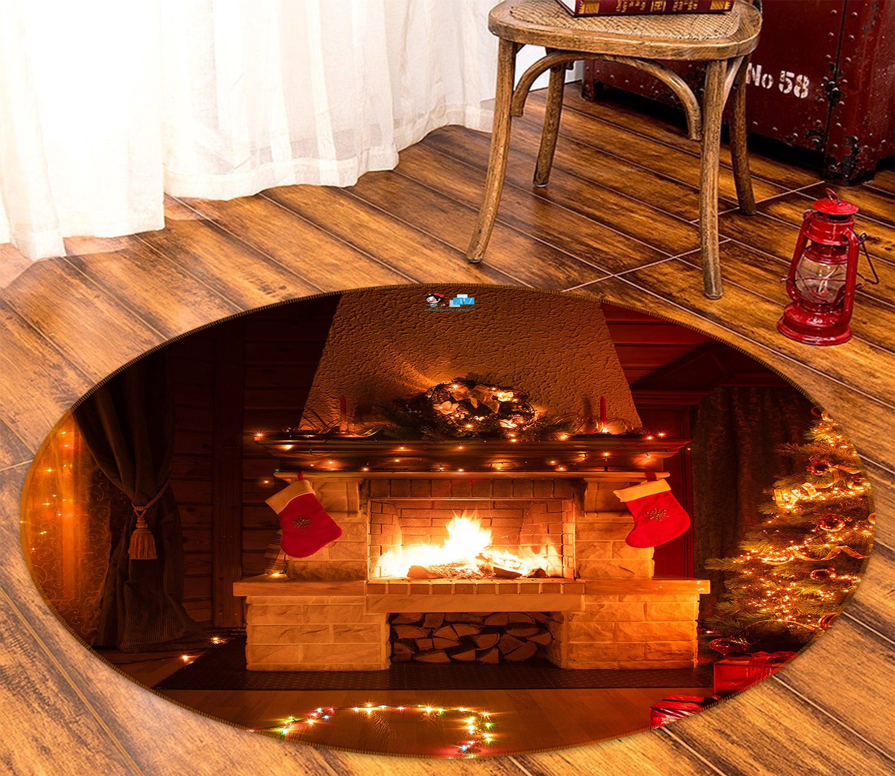 3D Fireplace 54088 Christmas Round Non Slip Rug Mat Xmas