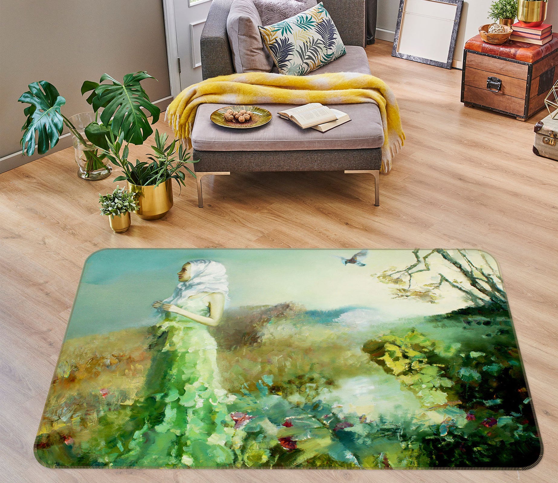 3D Oil Painting Flower Girl 76043 Non Slip Rug Mat