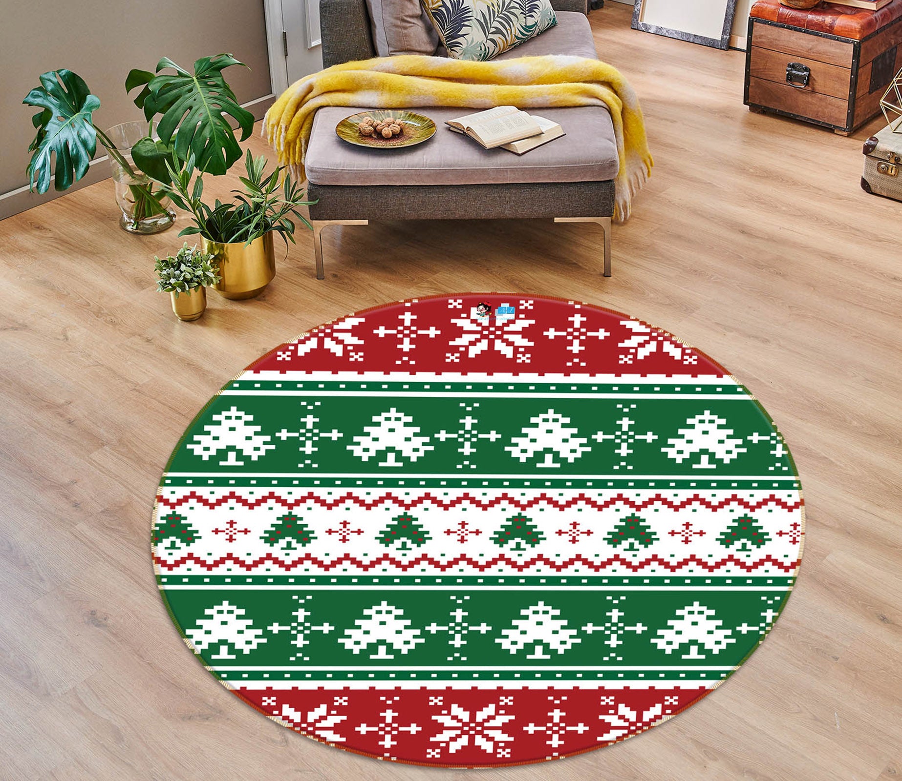 3D Tree Snowflake Pattern 54206 Christmas Round Non Slip Rug Mat Xmas