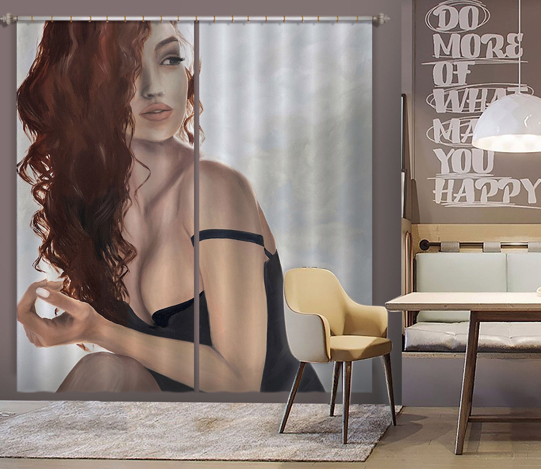 3D Curly Hair Black Dress Woman 9766 Marina Zotova Curtain Curtains Drapes