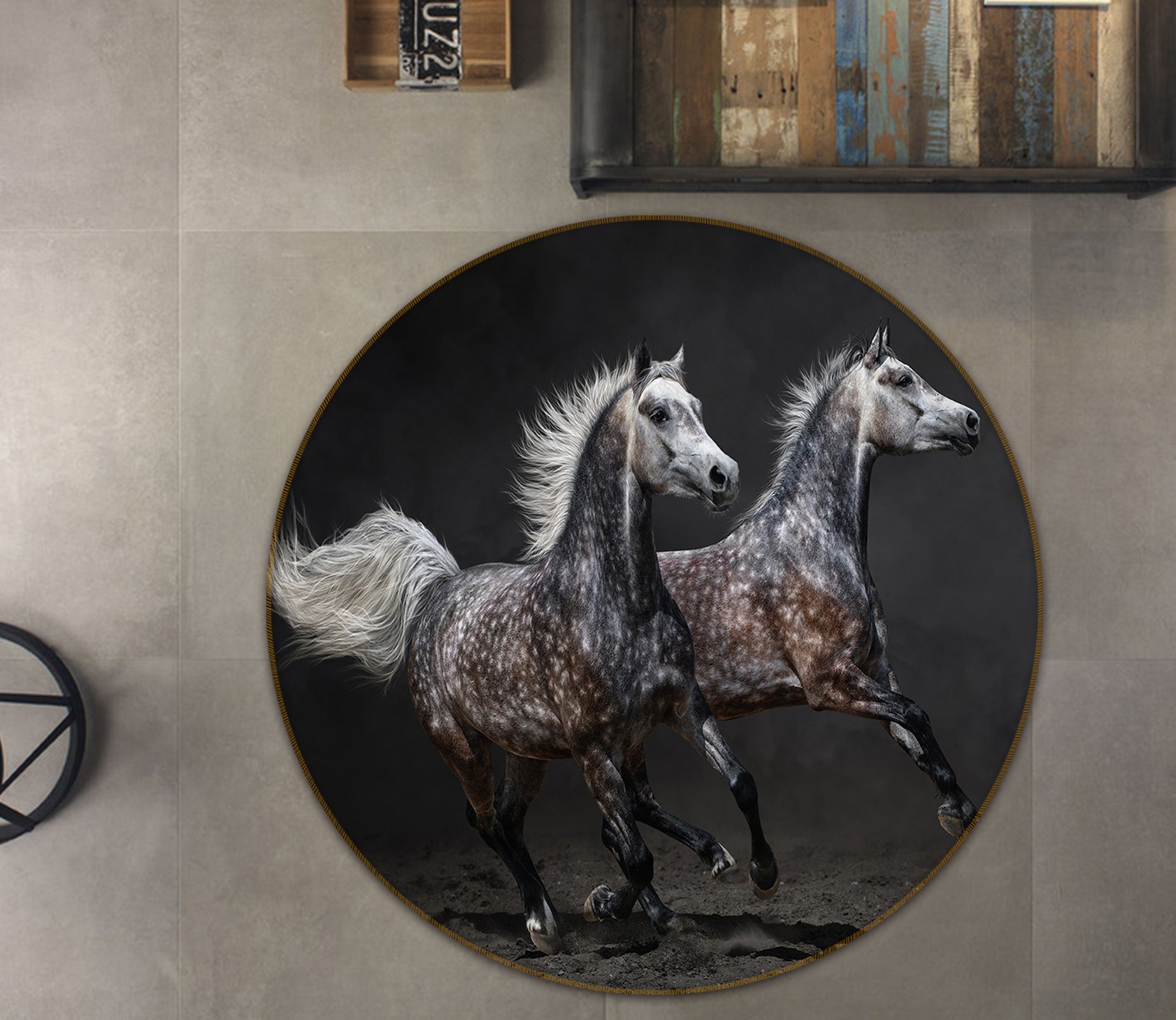 3D Two Horses 71197 Round Non Slip Rug Mat