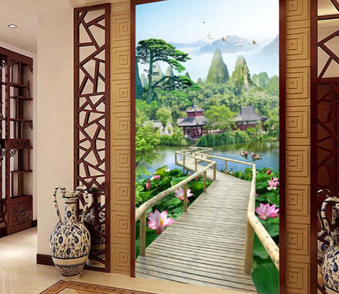 3D Pavilion Pond Lotus Mountain Wallpaper AJ Wallpaper 1 