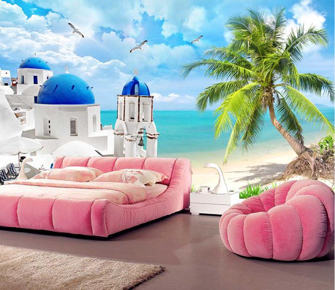 3D Beach Seaside Dolphin Coconut Tree Wallpaper AJ Wallpaper 1 