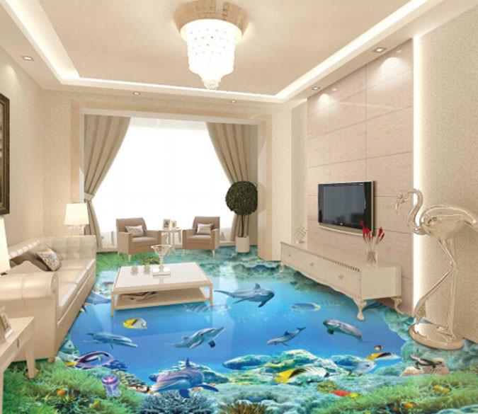 3D Underwater World Sharks Floor Mural Wallpaper AJ Wallpapers 