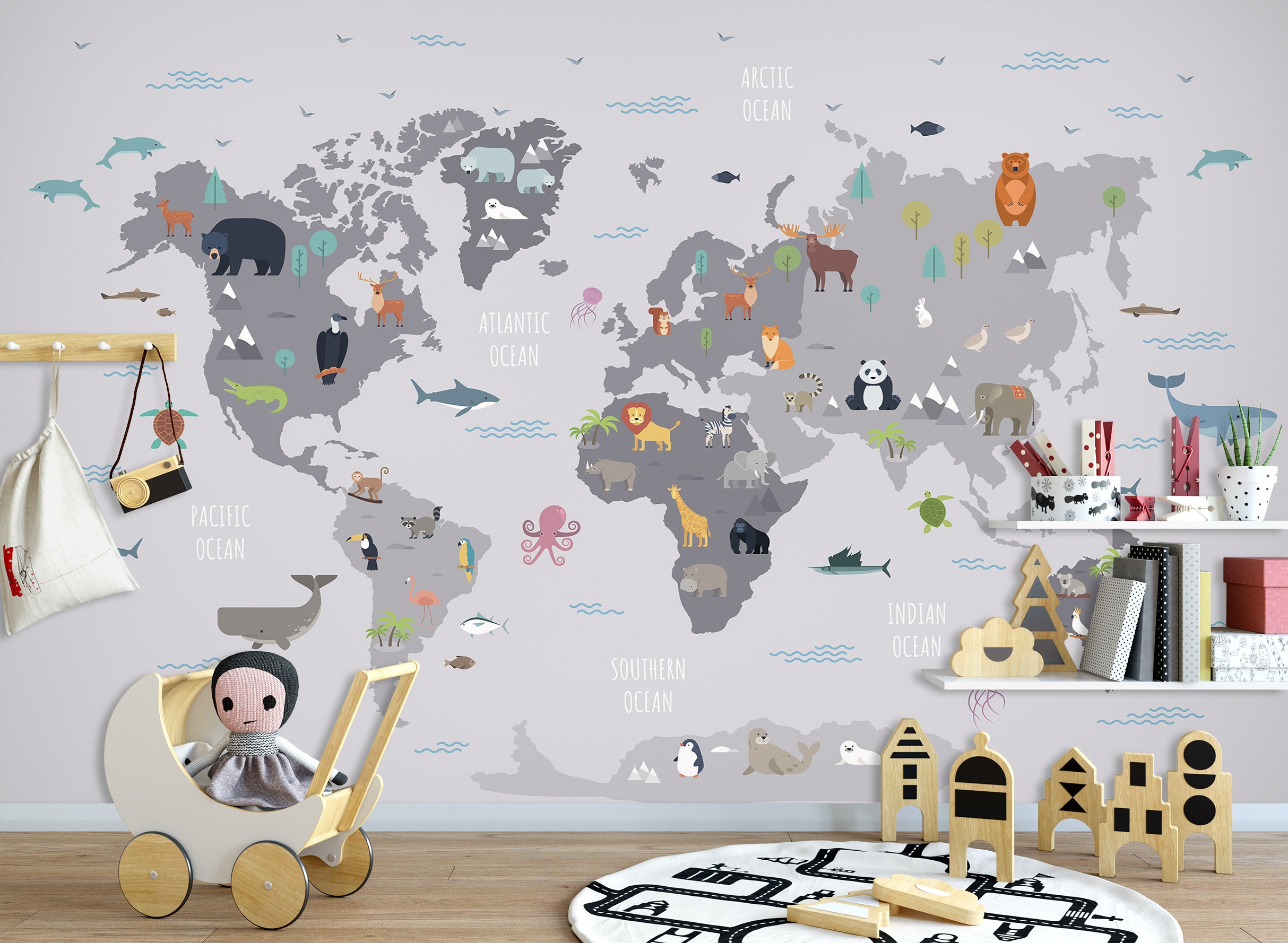 3D Painted Animals 2125 World Map Wall Murals