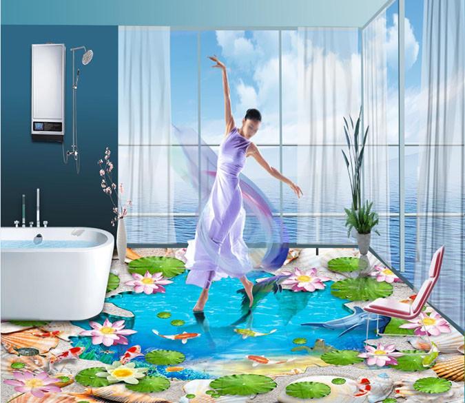 3D Pond Lotus Golden Fish Floor Mural Wallpaper AJ Wallpapers 