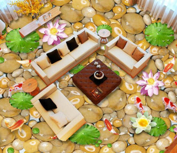 3D Lotus Leaf Goldfish Stone Floor Murals Wallpaper AJ Wallpapers 