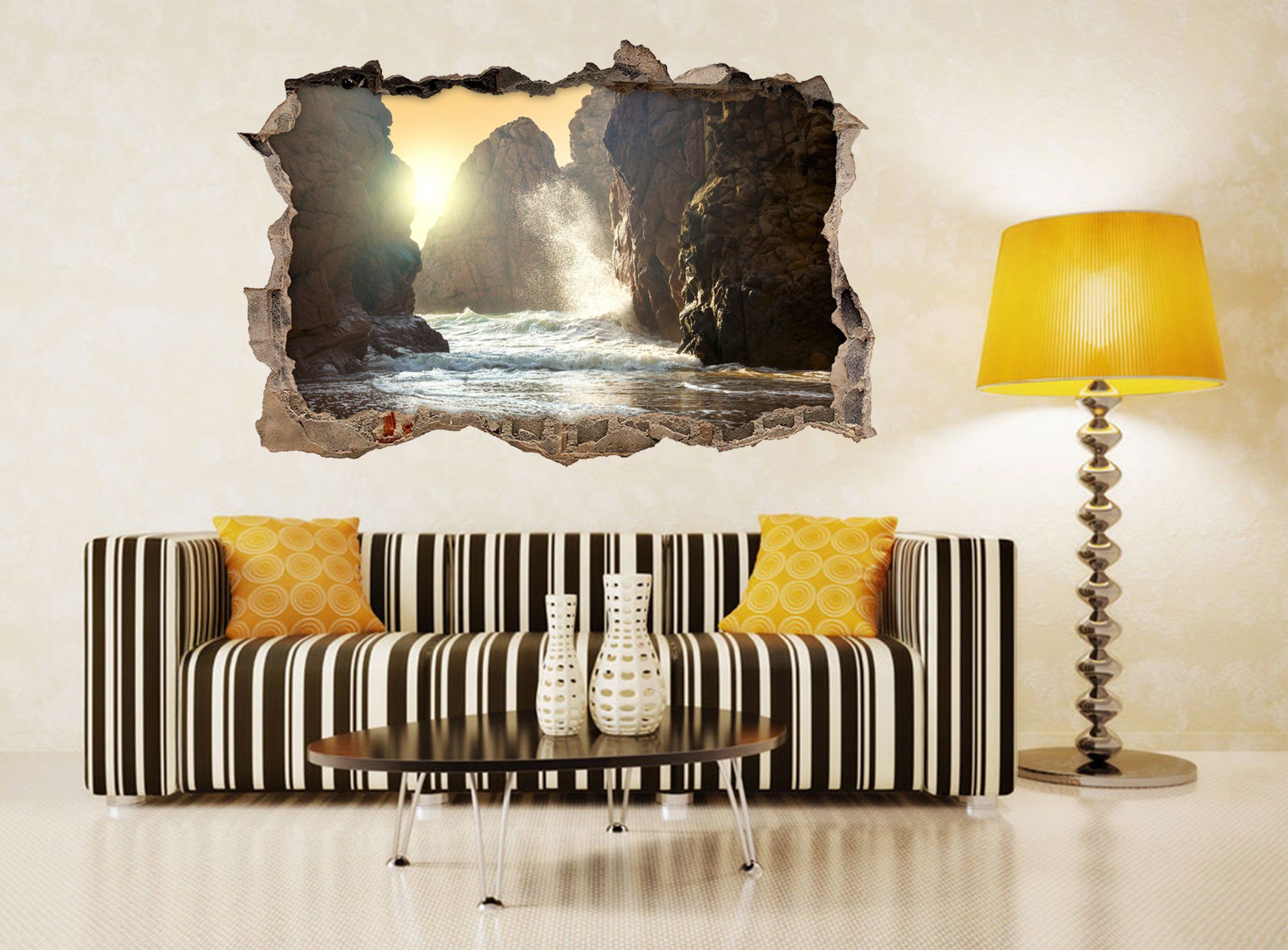 3D Sea Mountains Waves 029 Broken Wall Murals Wallpaper AJ Wallpaper 