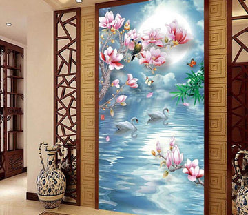 3D moonlight Swan Pink Flower River Wallpaper AJ Wallpaper 1 