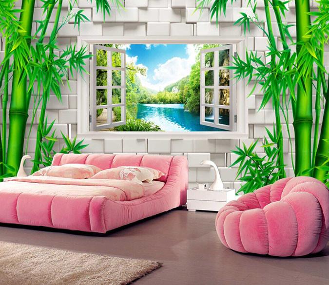 3D Bamboo Square Block Window River Wallpaper AJ Wallpaper 1 