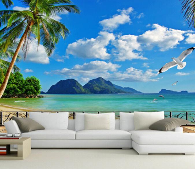 3D Beach Ocean Coconut Tree Wallpaper AJ Wallpaper 1 