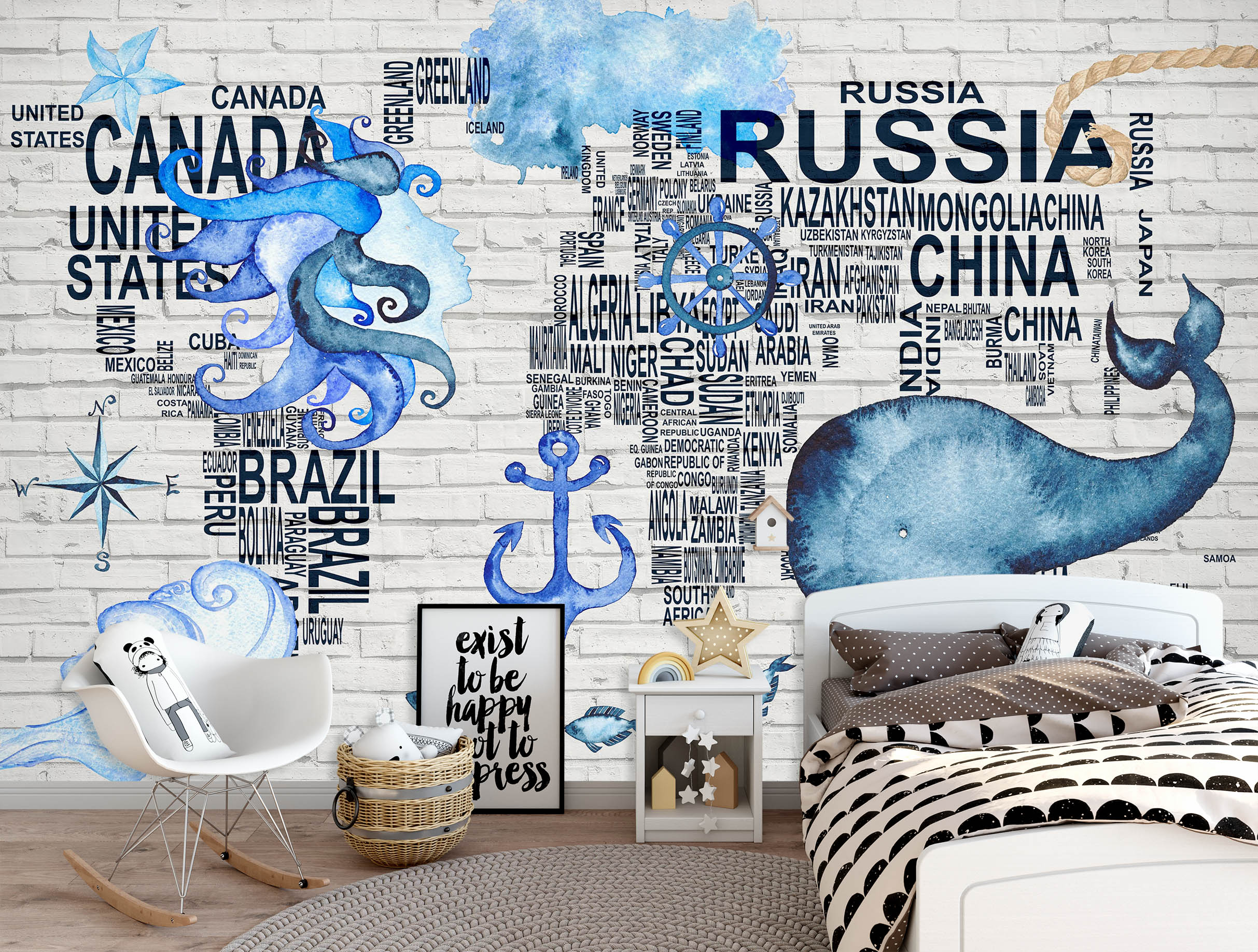3D Blue Whale 2016 World Map Wall Murals