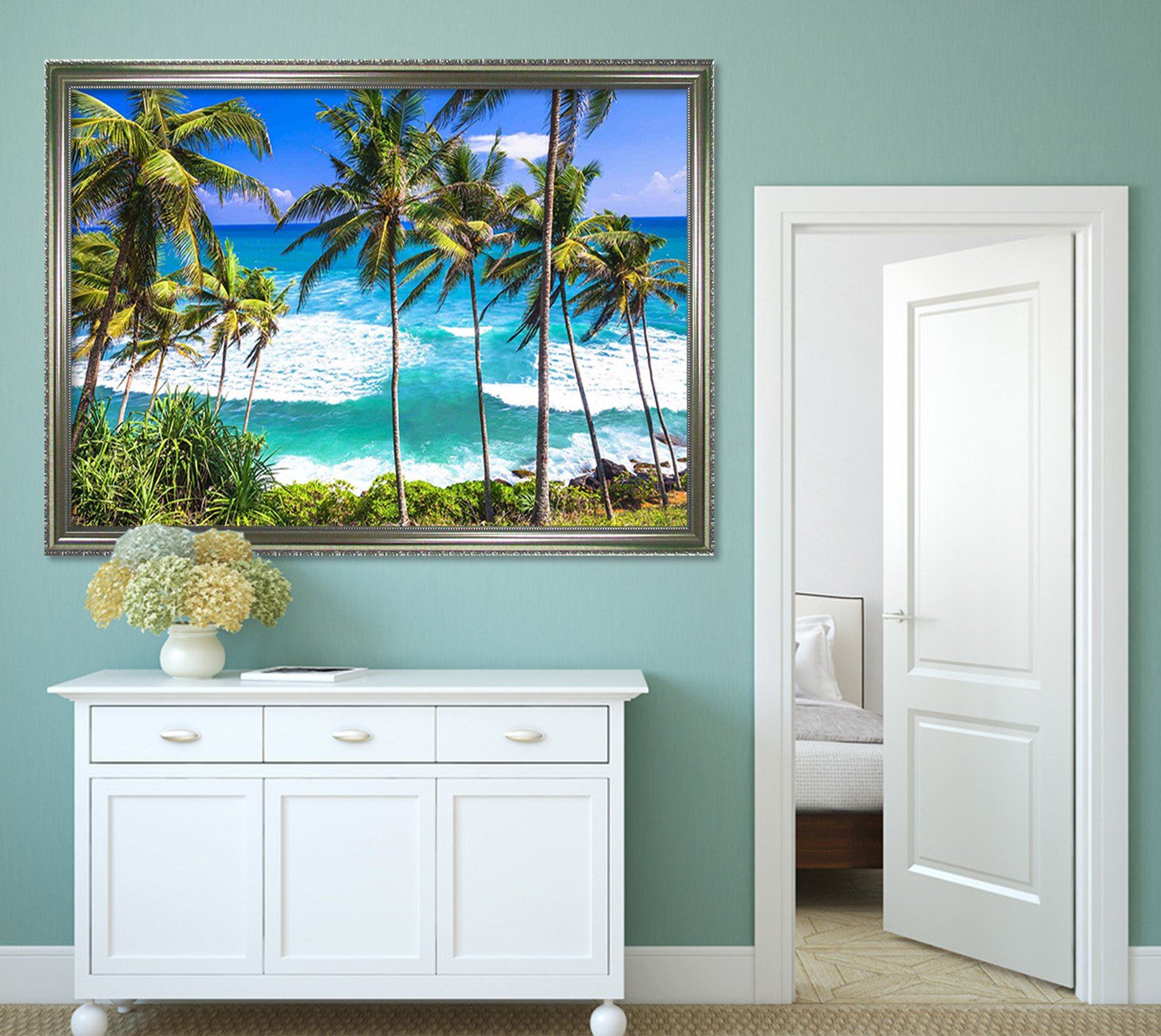 3D Sea Coconut Tree 006 Fake Framed Print Painting Wallpaper AJ Creativity Home 