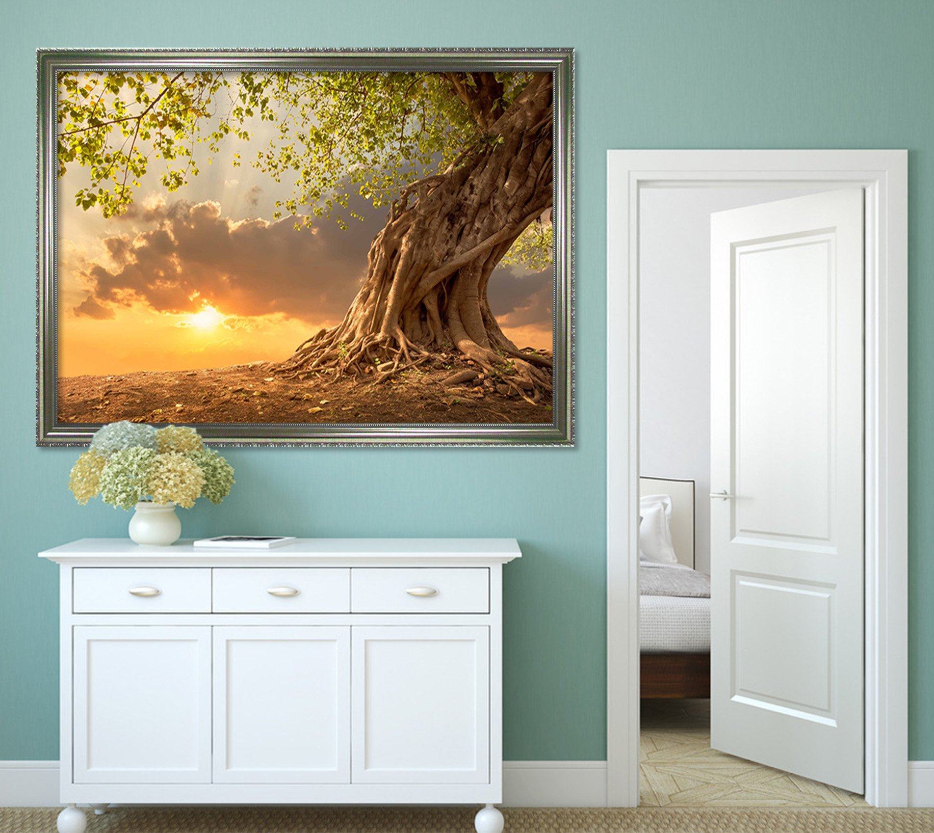 3D Big Tree Sunset 196 Fake Framed Print Painting Wallpaper AJ Creativity Home 