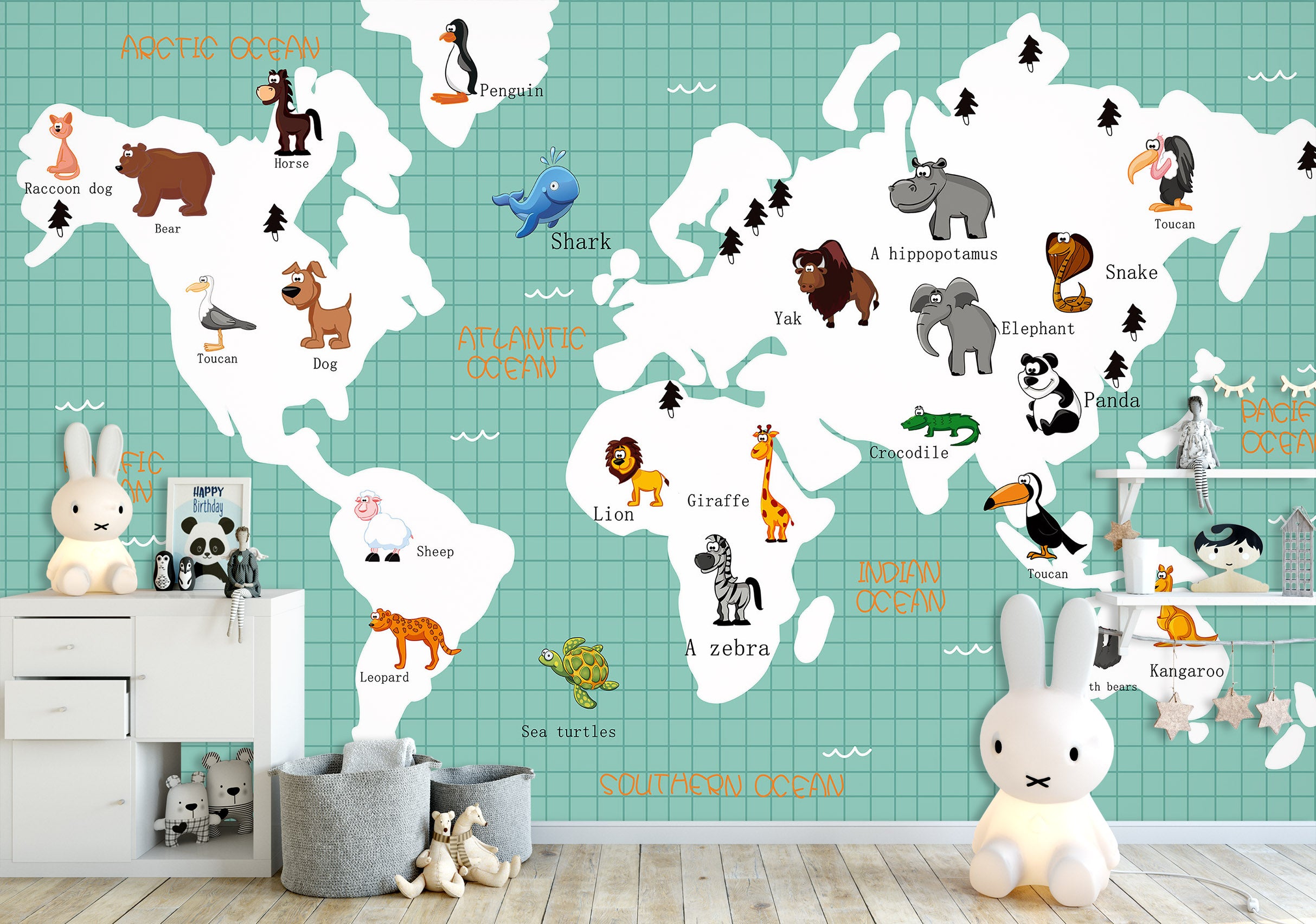 3D Animal Illustration 2014 World Map Wall Murals
