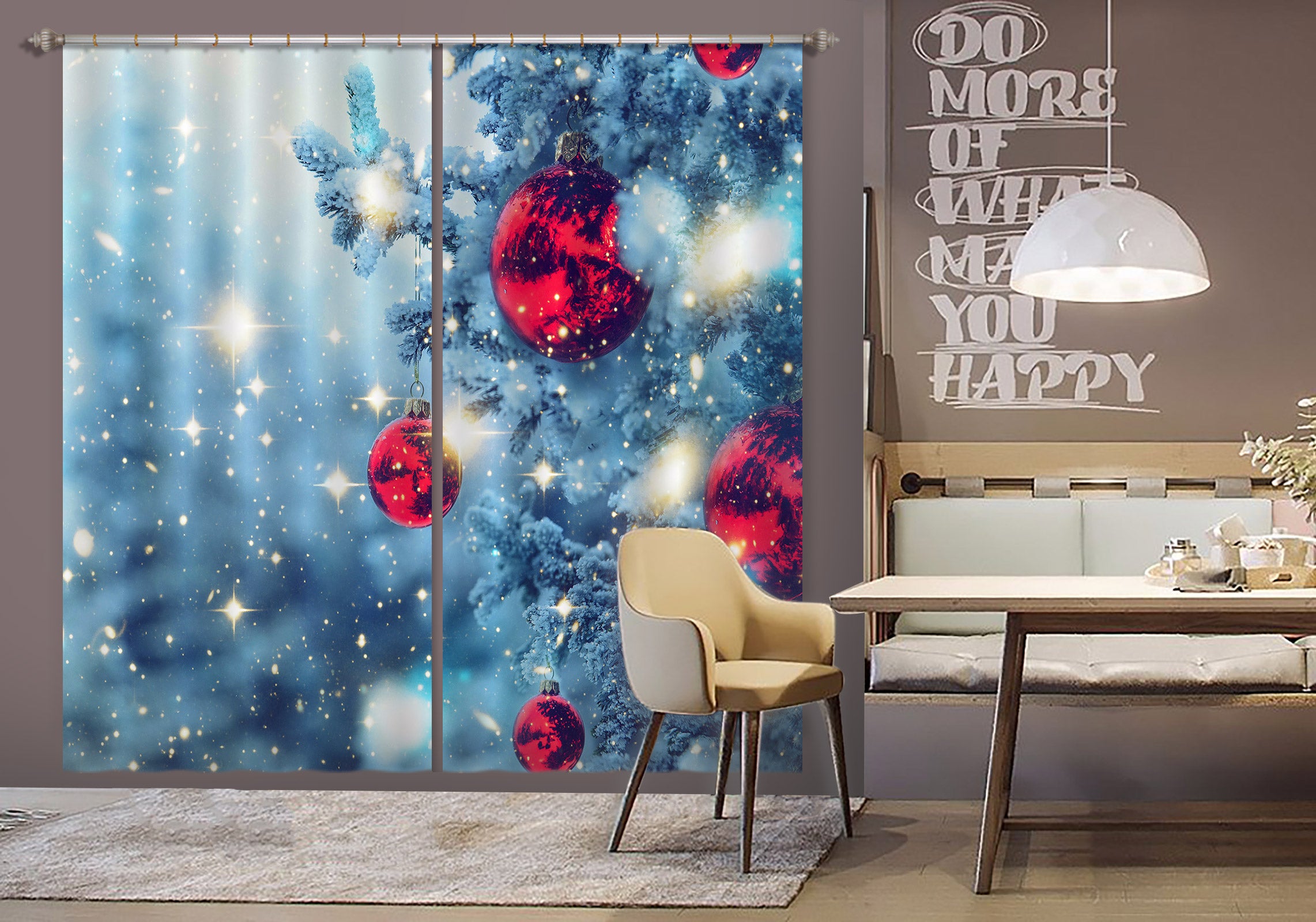 3D Snow Tree Red Ball 52067 Christmas Curtains Drapes Xmas