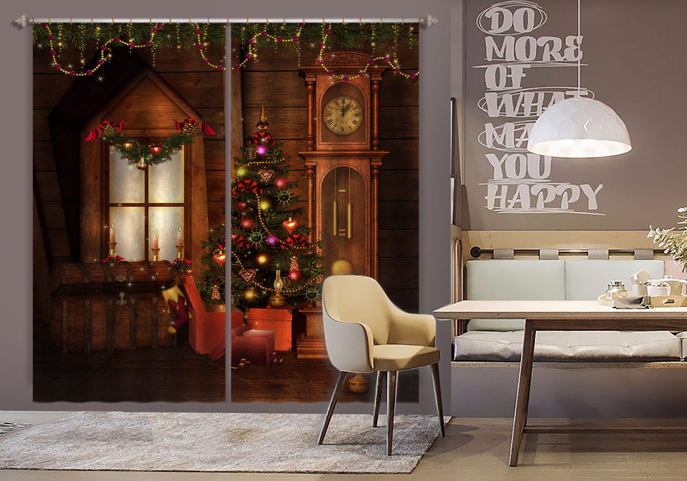 3D Wooden House Clock Tree 52002 Christmas Curtains Drapes Xmas