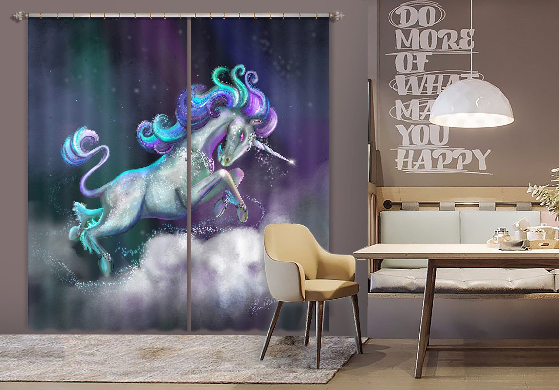 3D White Unicorn 114 Rose Catherine Khan Curtain Curtains Drapes Curtains AJ Creativity Home 