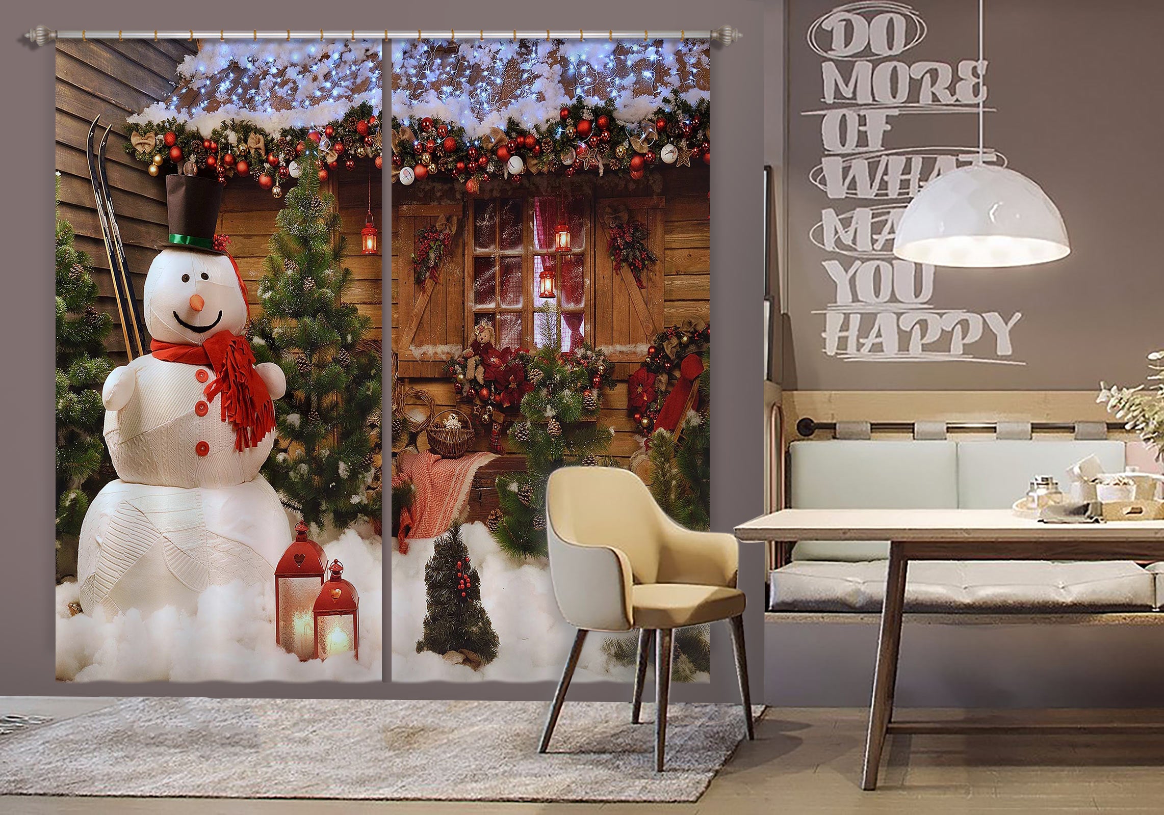 3D Snowman Wooden House 52083 Christmas Curtains Drapes Xmas