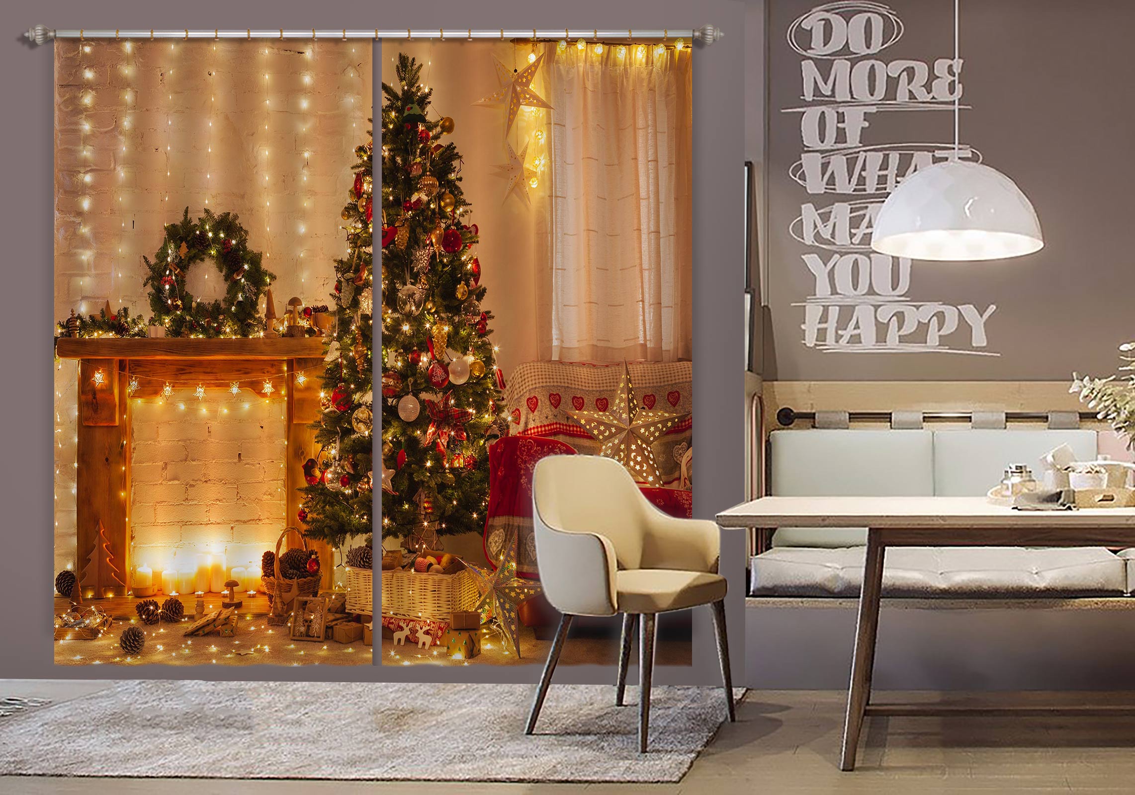 3D Fireplace Tree 52077 Christmas Curtains Drapes Xmas