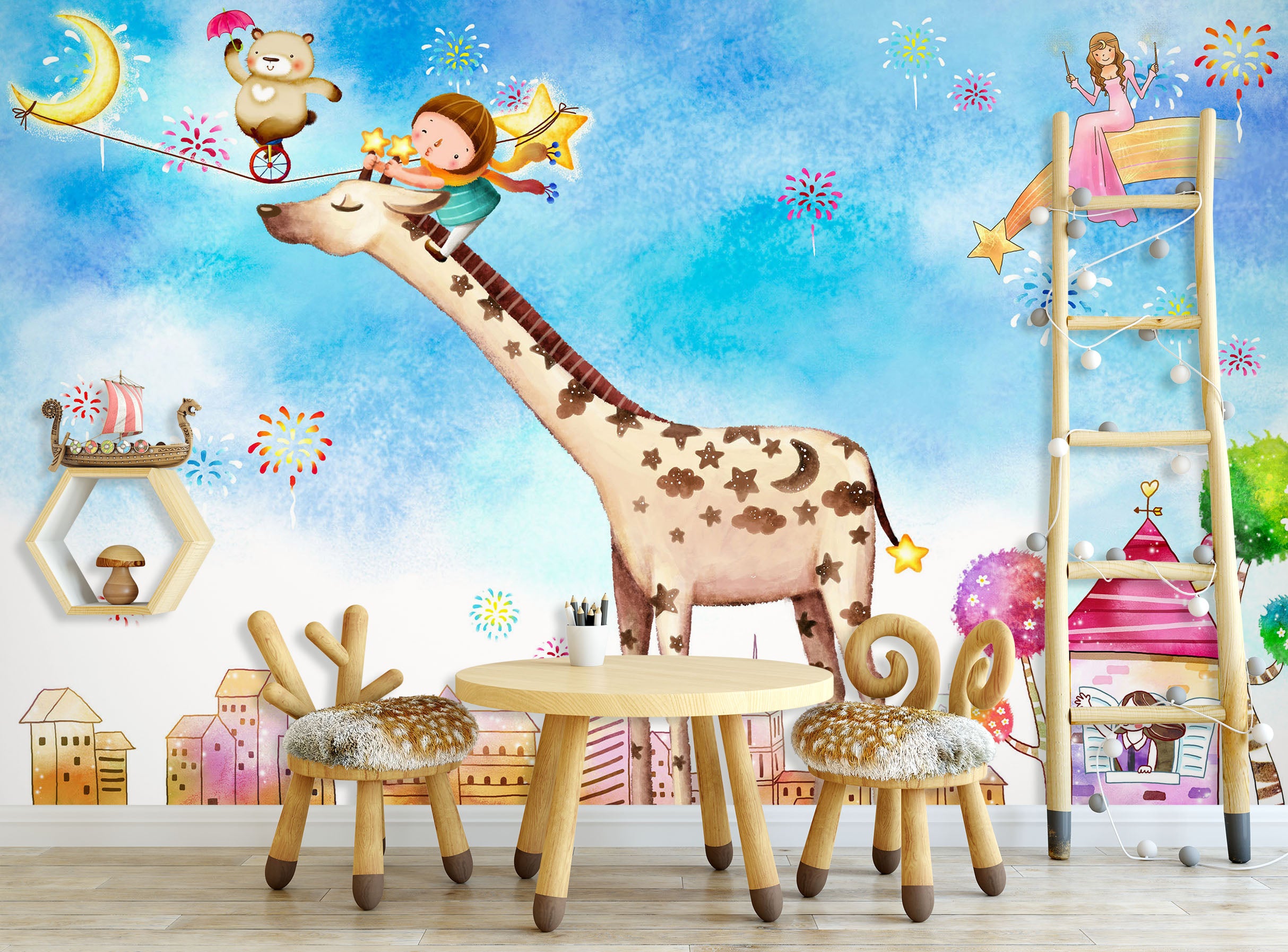 3D Giraffe Paradise 020 Wall Murals