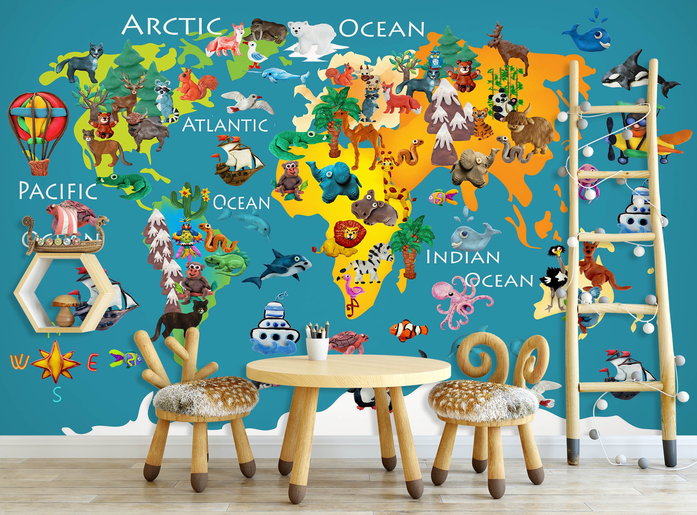 3D Painted Animals 2117 World Map Wall Murals