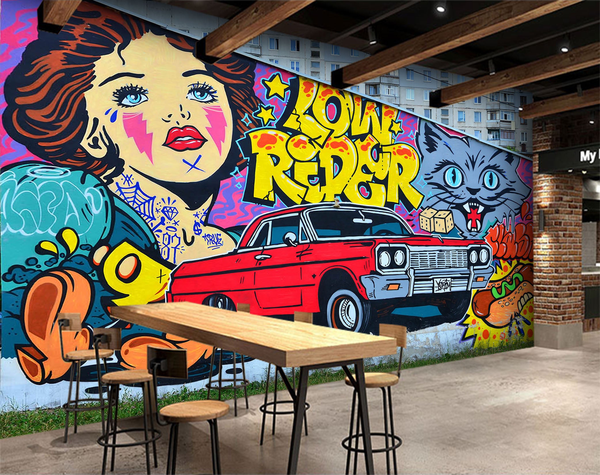 3D Cartoon Cat Car 355 Vehicle Wall Murals