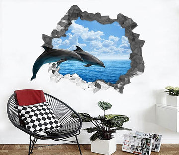 3D Blue Sea Dolphins 180 Broken Wall Murals Wallpaper AJ Wallpaper 