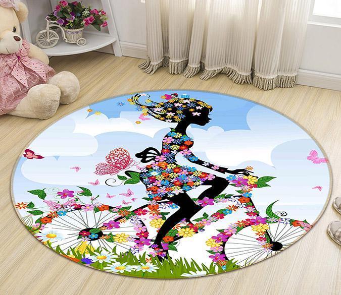 3D Flowers Bike Girl 39 Round Non Slip Rug Mat Mat AJ Creativity Home 