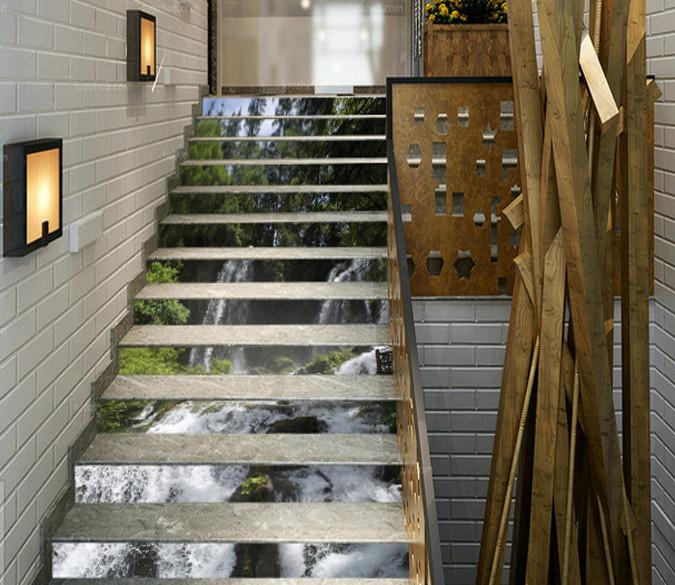 3D Forest Flowing River 501 Stair Risers Wallpaper AJ Wallpaper 
