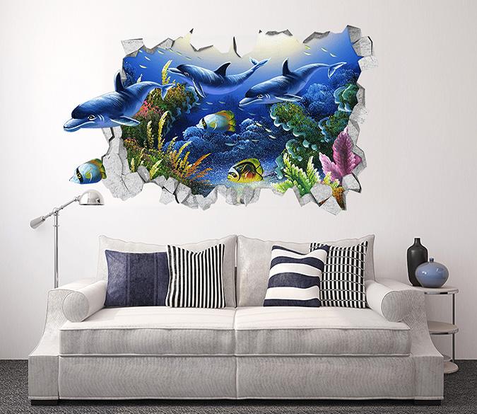 3D Ocean Dolphins 373 Broken Wall Murals Wallpaper AJ Wallpaper 