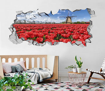 3D Tulip Flowers Field Windmill 180 Broken Wall Murals Wallpaper AJ Wallpaper 