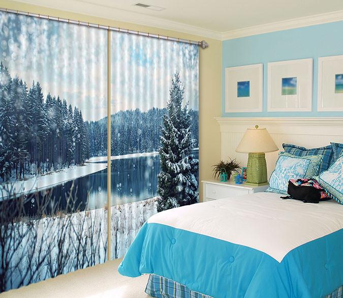 3D Snowing Forest Lake 402 Curtains Drapes Wallpaper AJ Wallpaper 