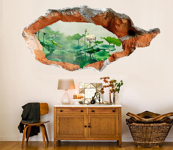 3D Misty Lotus Flowers 015 Broken Wall Murals Wallpaper AJ Wallpaper 