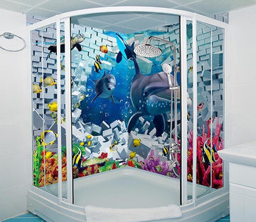 3D Ocean Bricks Hole Dolphins 33 Bathroom Wallpaper Wallpaper AJ Wallpaper 