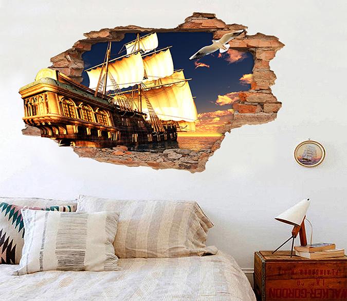 3D Dock Sailing Ship 204 Broken Wall Murals Wallpaper AJ Wallpaper 