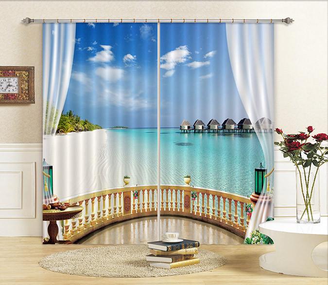 3D Balcony Beach Scenery Curtains Drapes Wallpaper AJ Wallpaper 