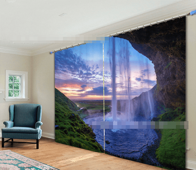 3D Cave Falls Sunset Scenery 2215 Curtains Drapes Wallpaper AJ Wallpaper 