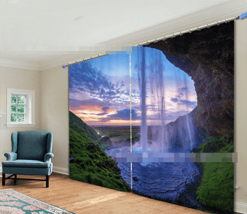 3D Cave Falls Sunset Scenery 2215 Curtains Drapes Wallpaper AJ Wallpaper 