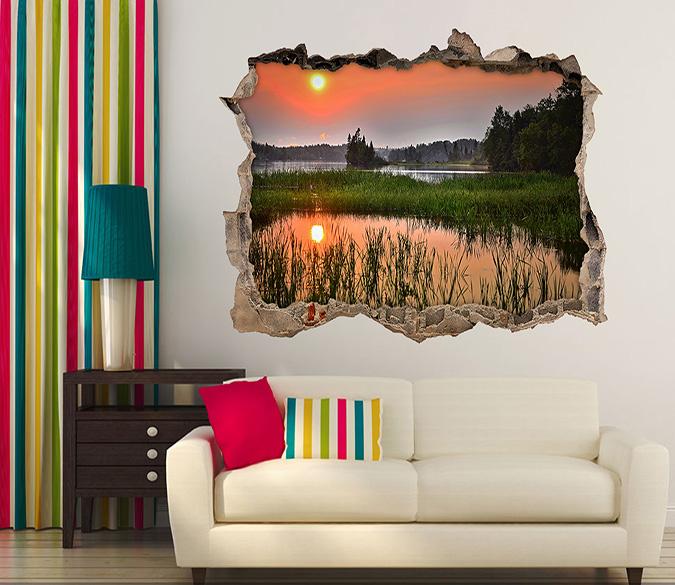 3D Lake Sunset View 123 Broken Wall Murals Wallpaper AJ Wallpaper 