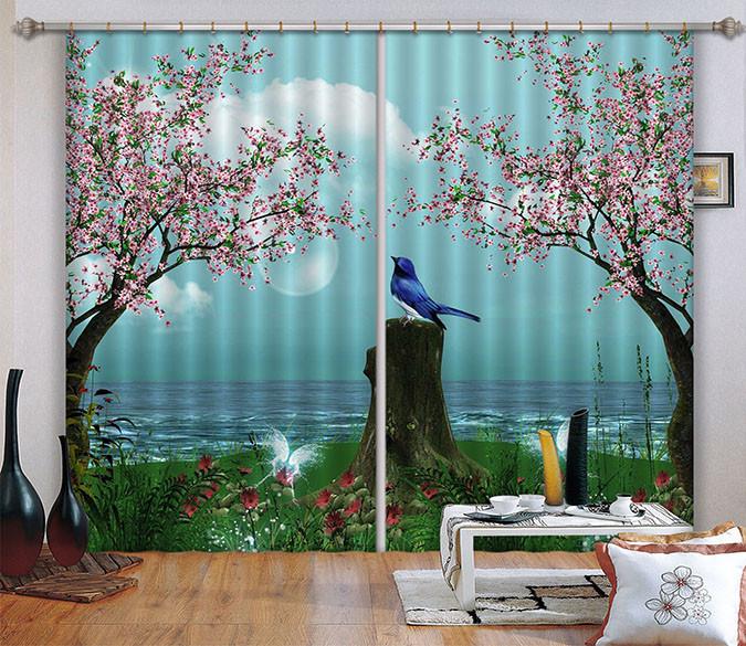 3D Seaside Flowers Bird Curtains Drapes Wallpaper AJ Wallpaper 