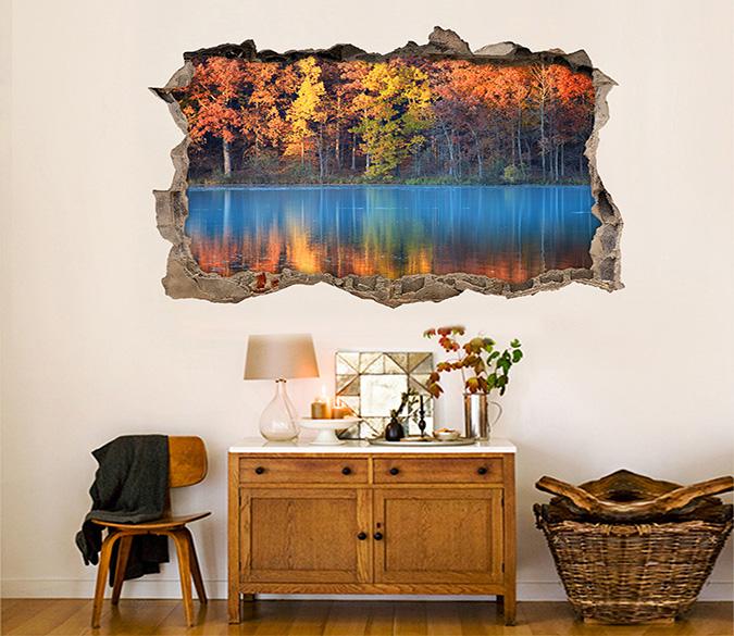 3D Colorful Forest Lake 045 Broken Wall Murals Wallpaper AJ Wallpaper 