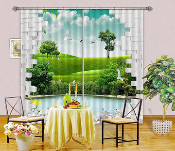 3D Lake Birds Grassland Bricks 357 Curtains Drapes Wallpaper AJ Wallpaper 