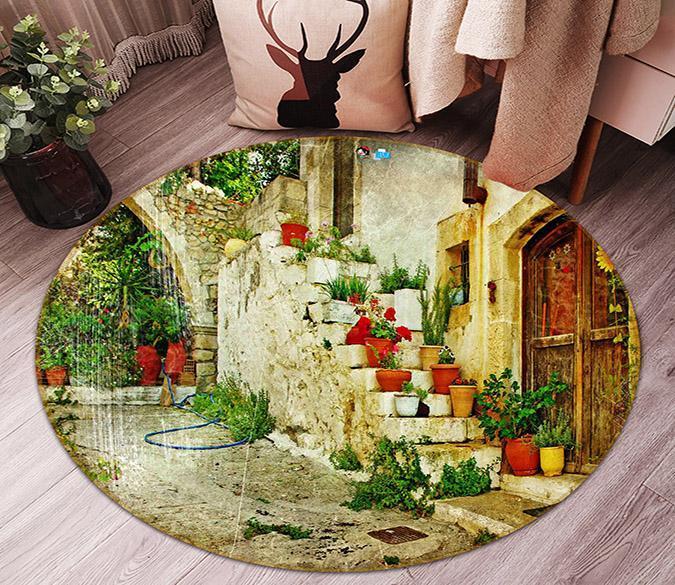 3D Courtyard Potted Plants 18 Round Non Slip Rug Mat Mat AJ Creativity Home 