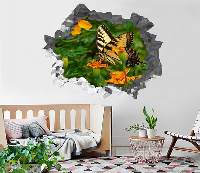 3D Flowers Butterfly 189 Broken Wall Murals Wallpaper AJ Wallpaper 