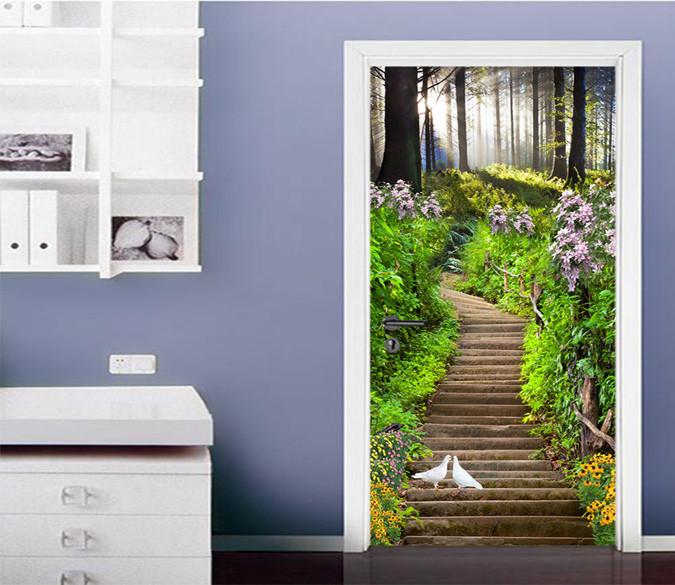 3D Forest Stairs Birds 80 Door Mural Wallpaper AJ Wallpaper 