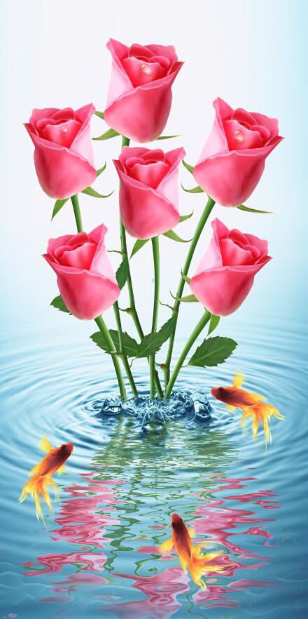 3D Goldfish Reflection Ripple Rose Porch Wallpaper AJ Wallpaper 1 